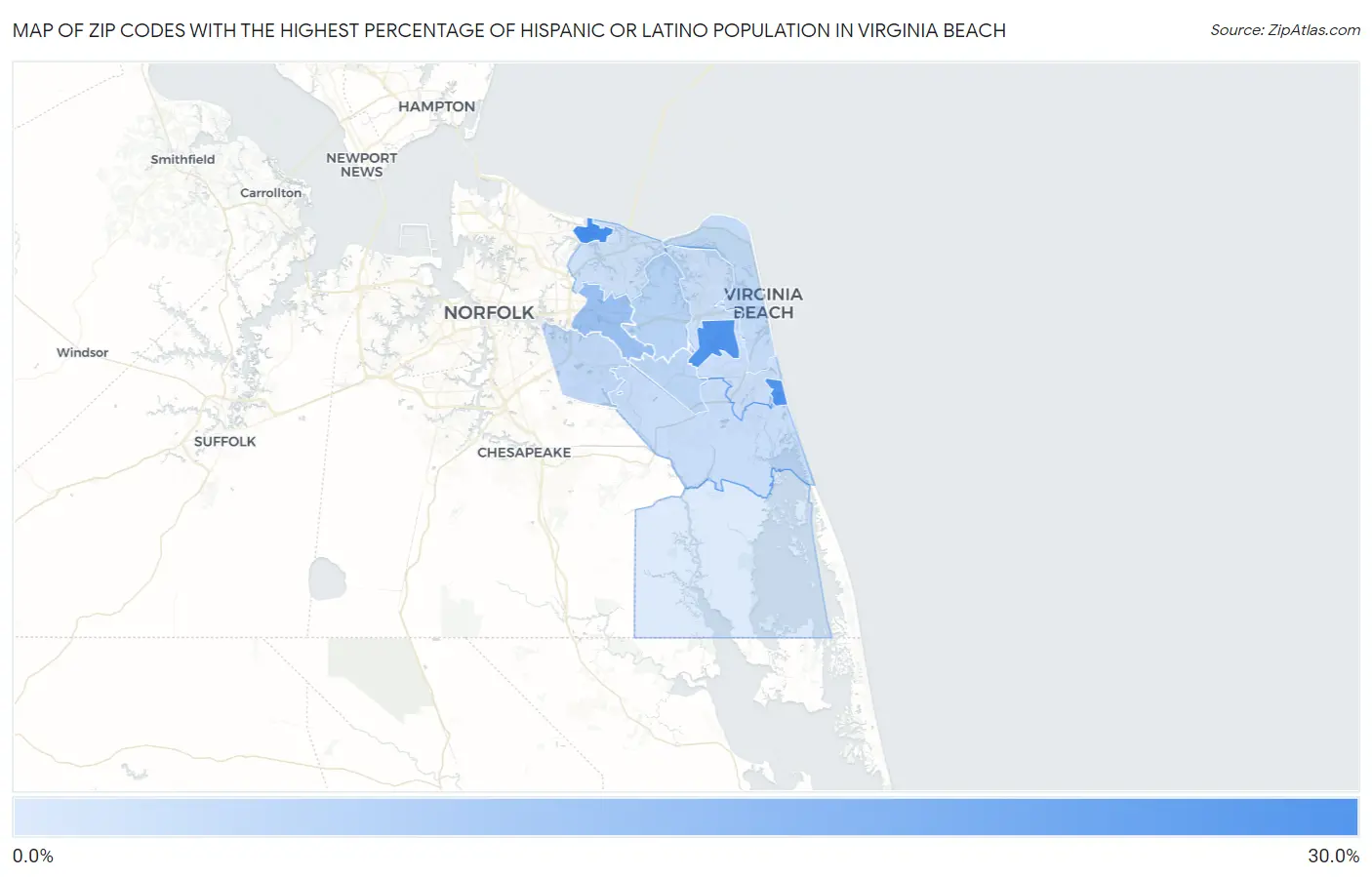 Zip Codes with the Highest Percentage of Hispanic or Latino Population in Virginia Beach Map