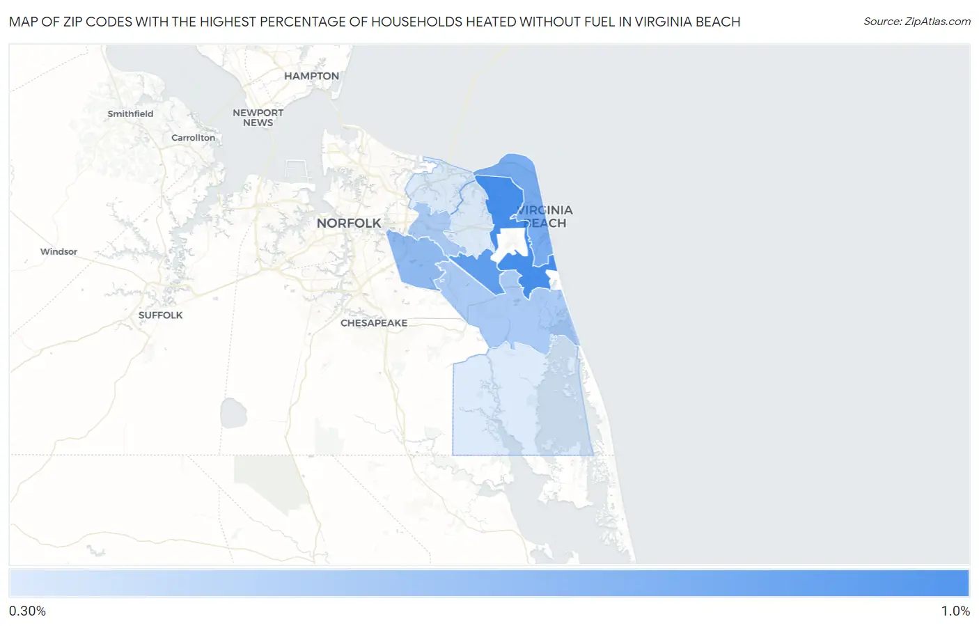 Zip Codes with the Highest Percentage of Households Heated without Fuel in Virginia Beach Map