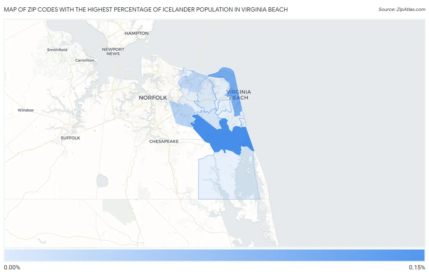 Zip Codes with the Highest Percentage of Icelander Population in Virginia Beach Map