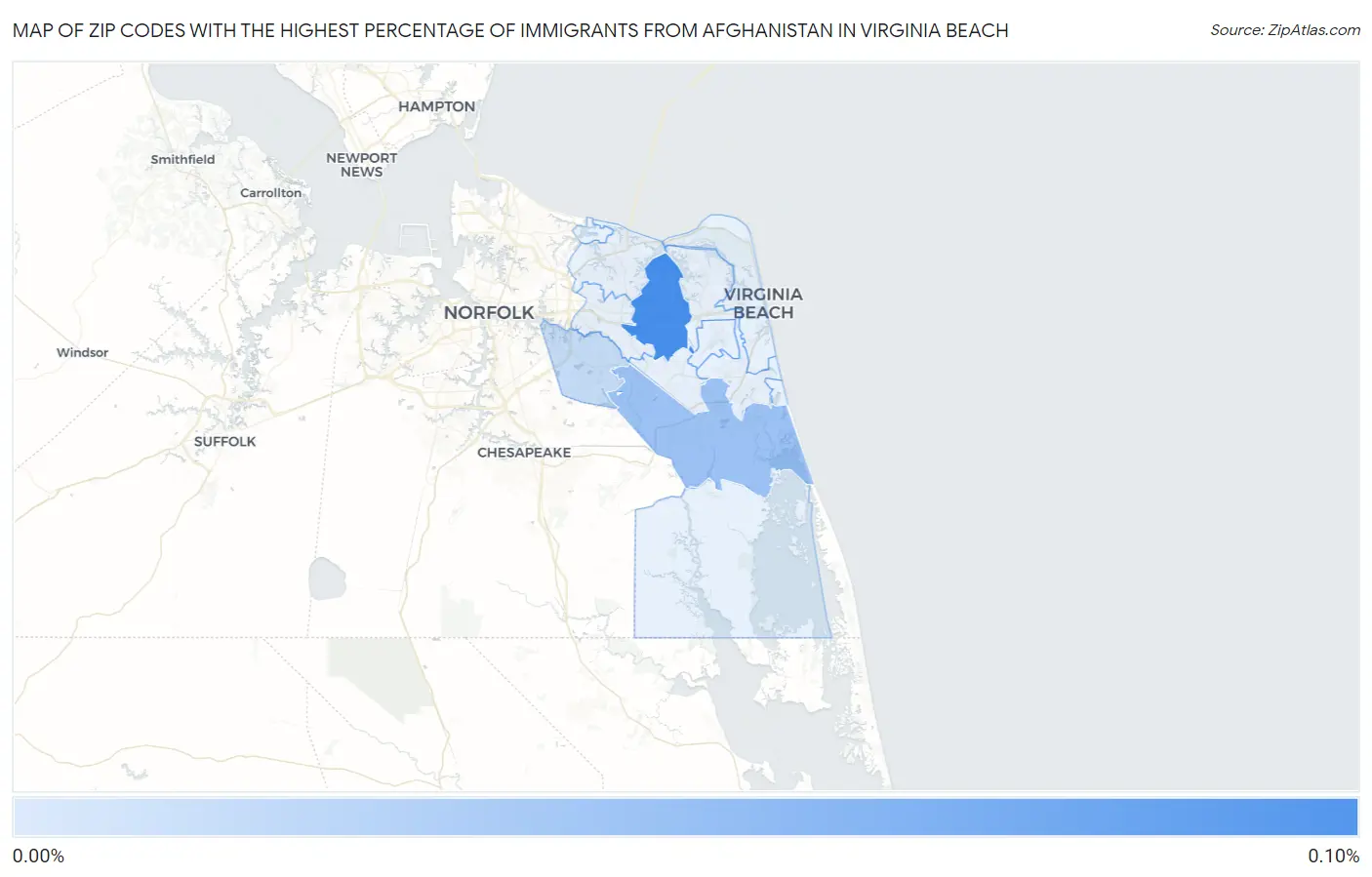 Zip Codes with the Highest Percentage of Immigrants from Afghanistan in Virginia Beach Map