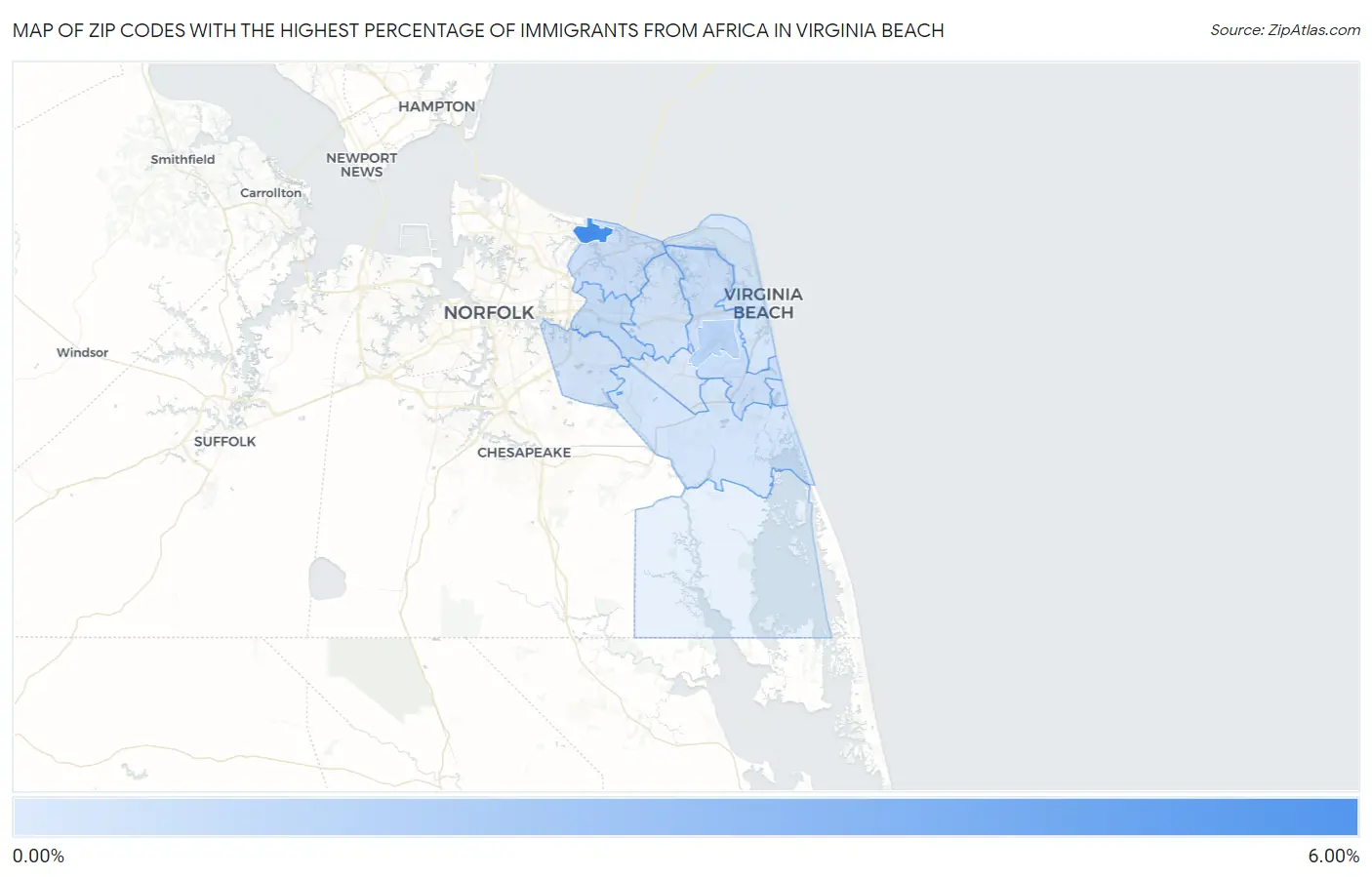 Zip Codes with the Highest Percentage of Immigrants from Africa in Virginia Beach Map