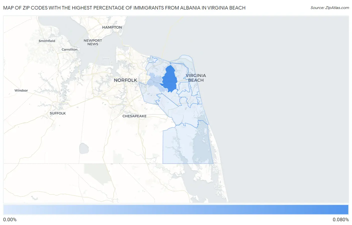 Zip Codes with the Highest Percentage of Immigrants from Albania in Virginia Beach Map