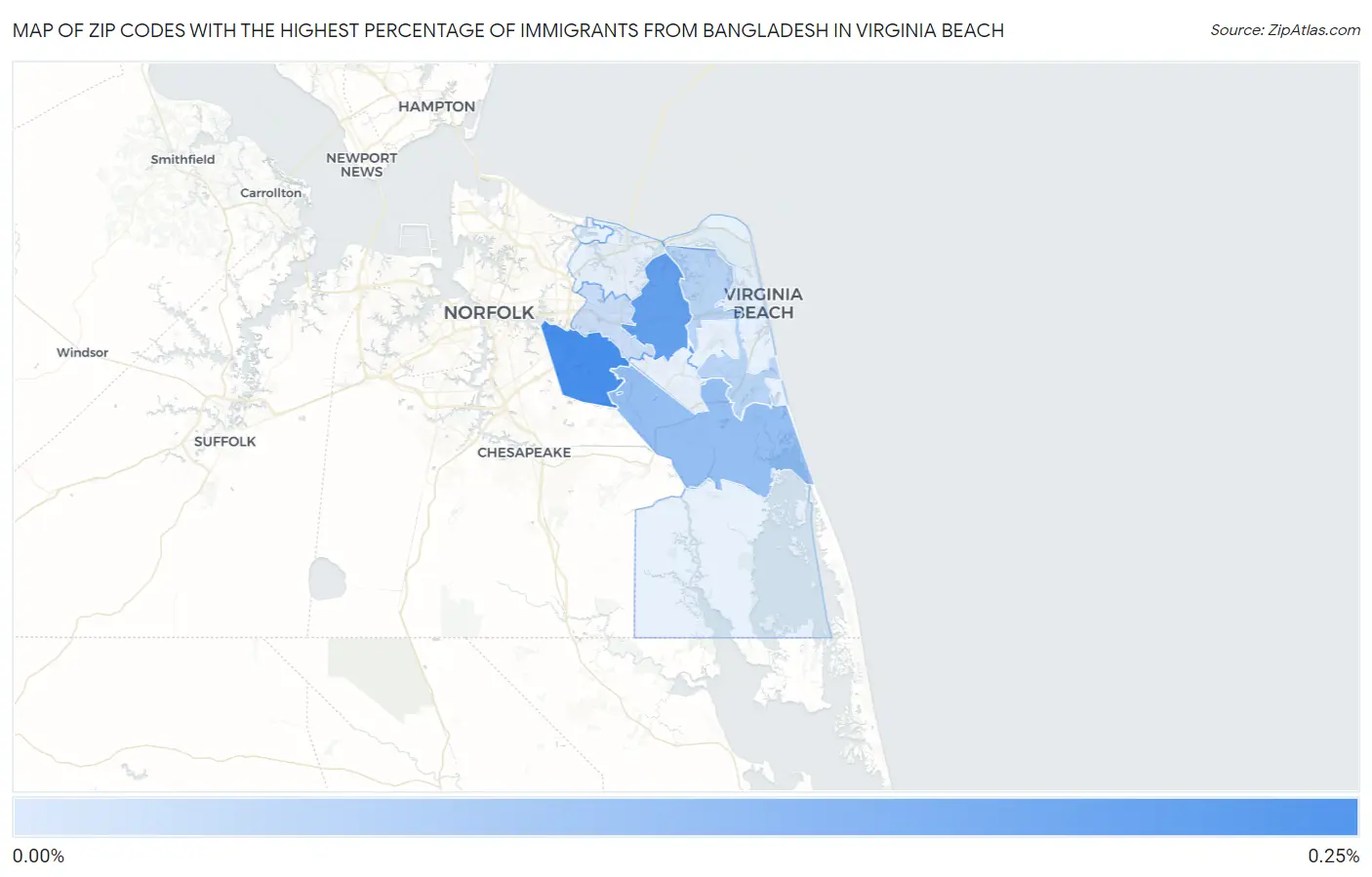 Zip Codes with the Highest Percentage of Immigrants from Bangladesh in Virginia Beach Map