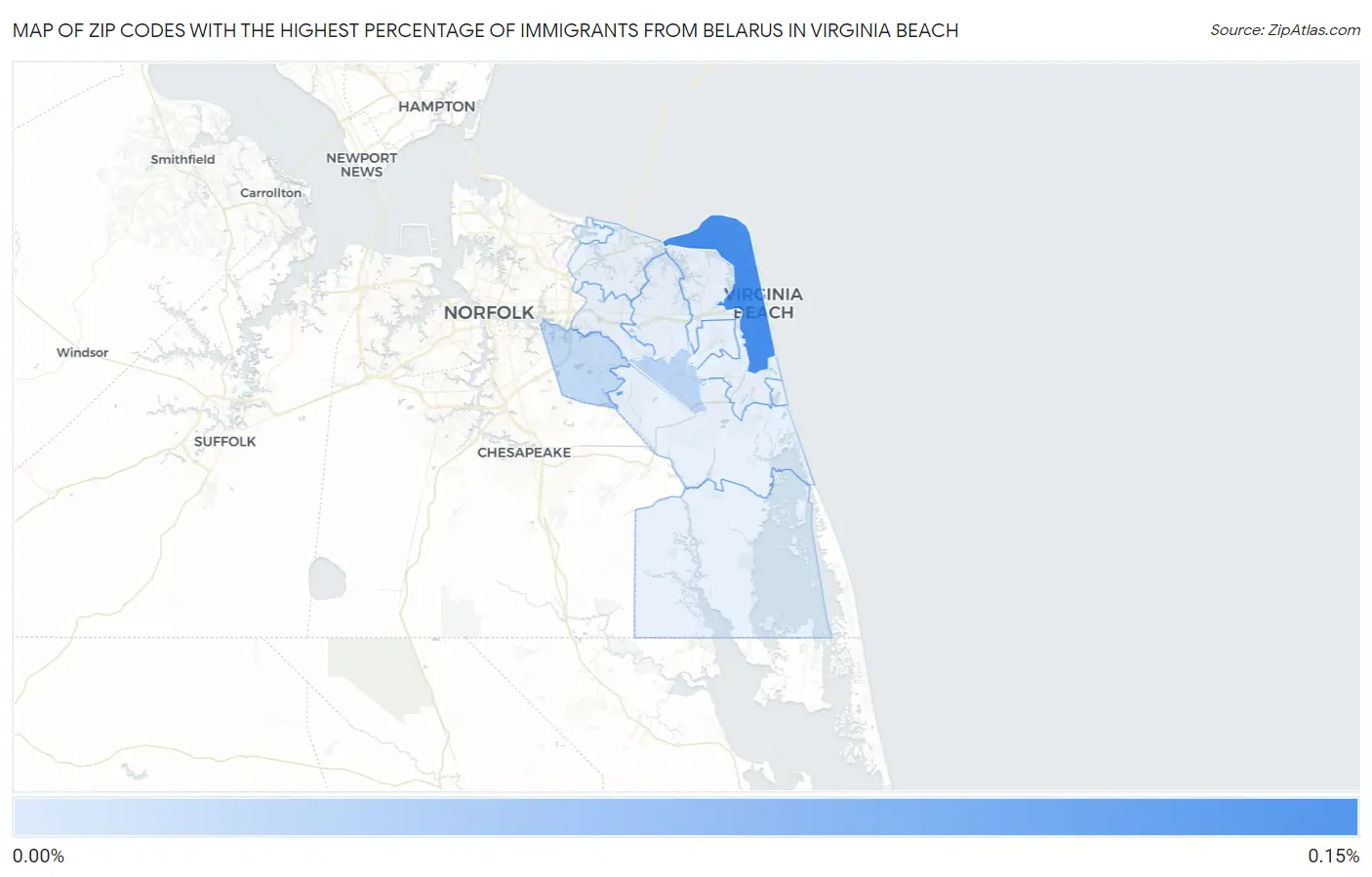 Zip Codes with the Highest Percentage of Immigrants from Belarus in Virginia Beach Map