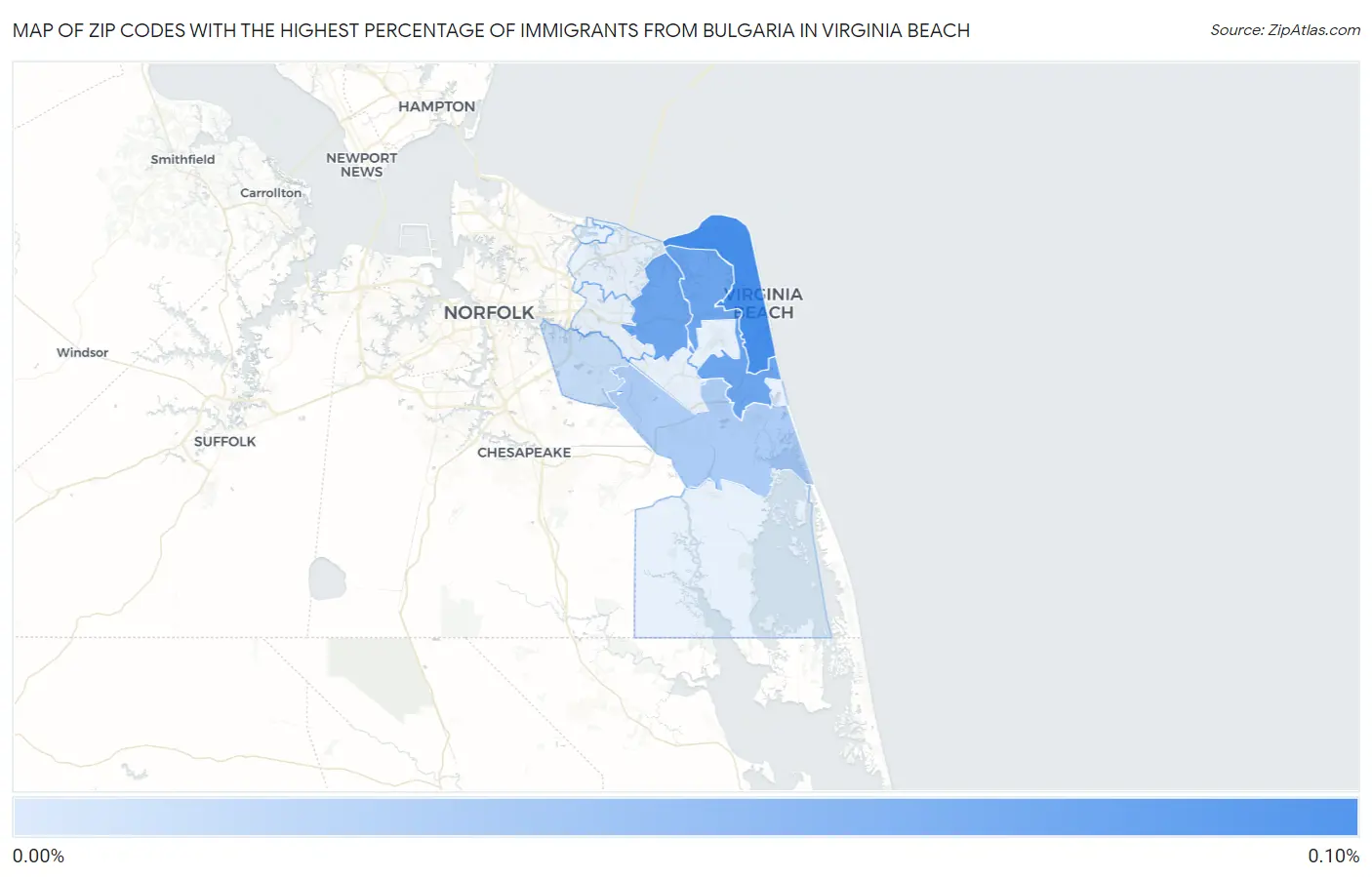 Zip Codes with the Highest Percentage of Immigrants from Bulgaria in Virginia Beach Map