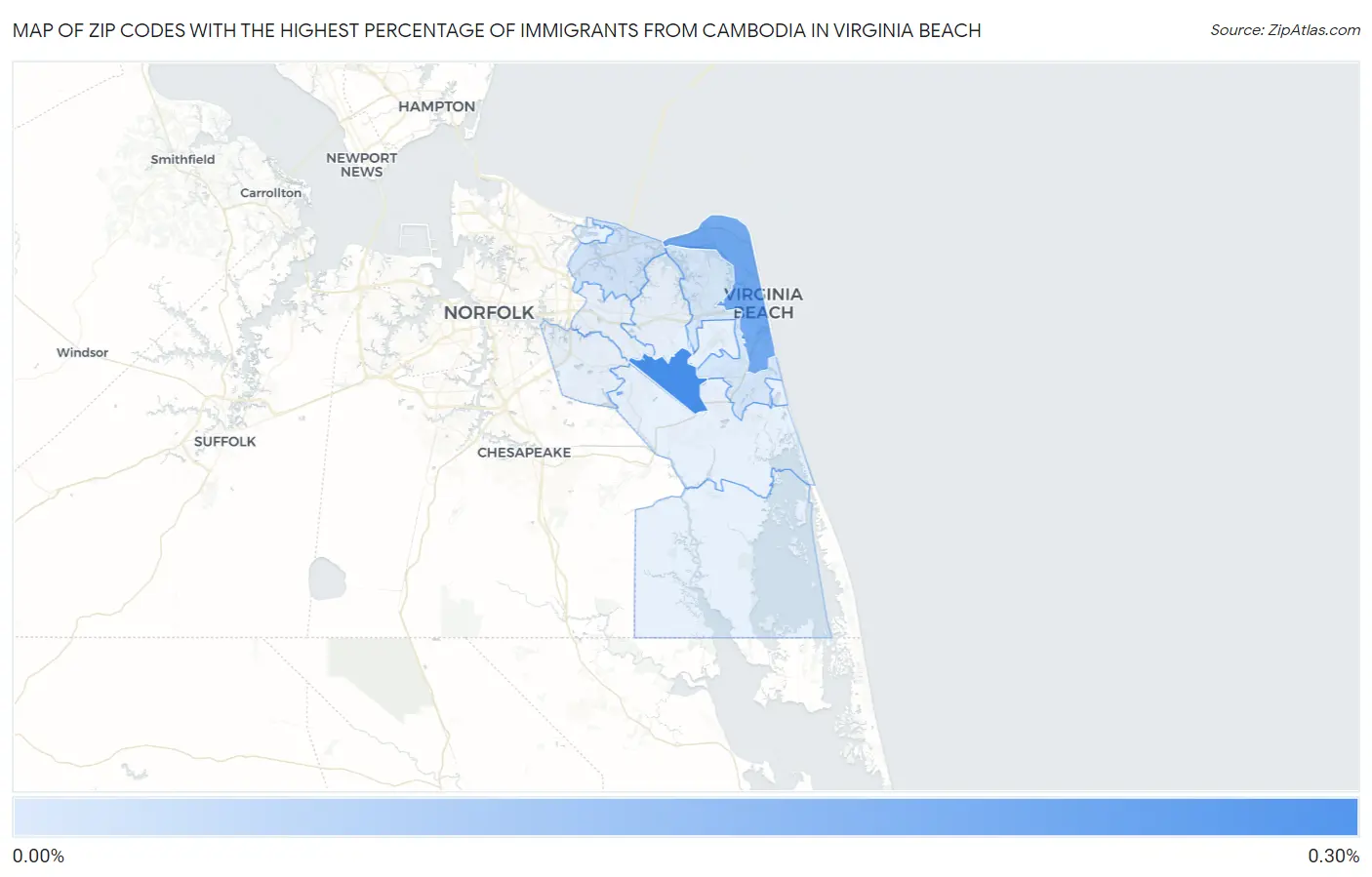 Zip Codes with the Highest Percentage of Immigrants from Cambodia in Virginia Beach Map