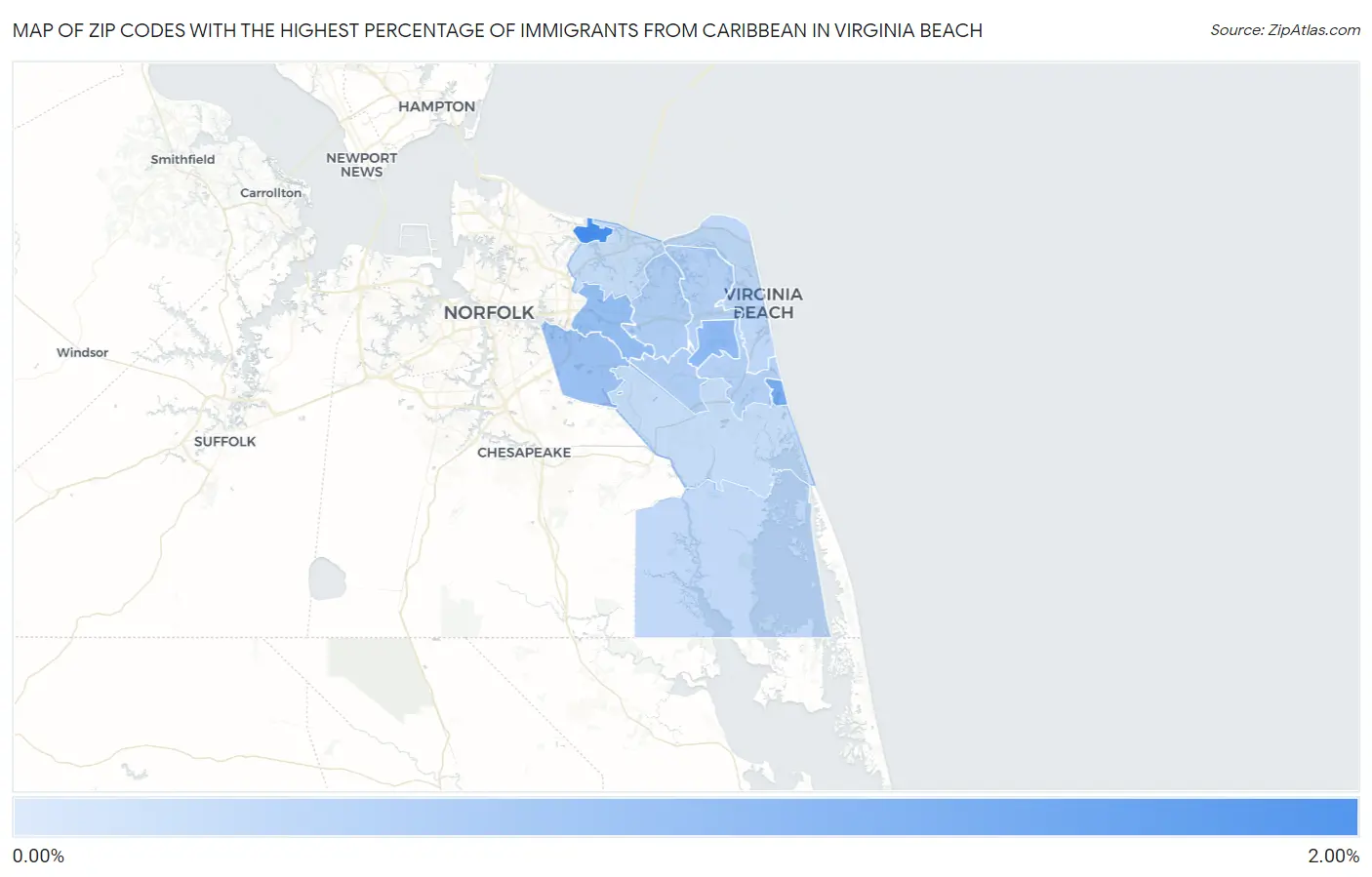 Zip Codes with the Highest Percentage of Immigrants from Caribbean in Virginia Beach Map