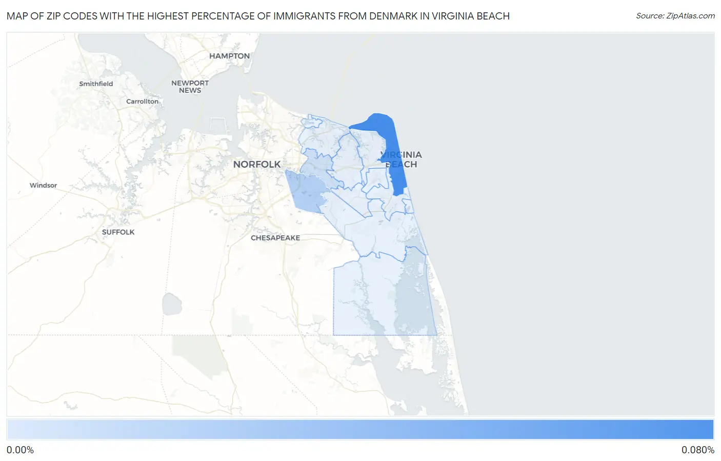 Zip Codes with the Highest Percentage of Immigrants from Denmark in Virginia Beach Map