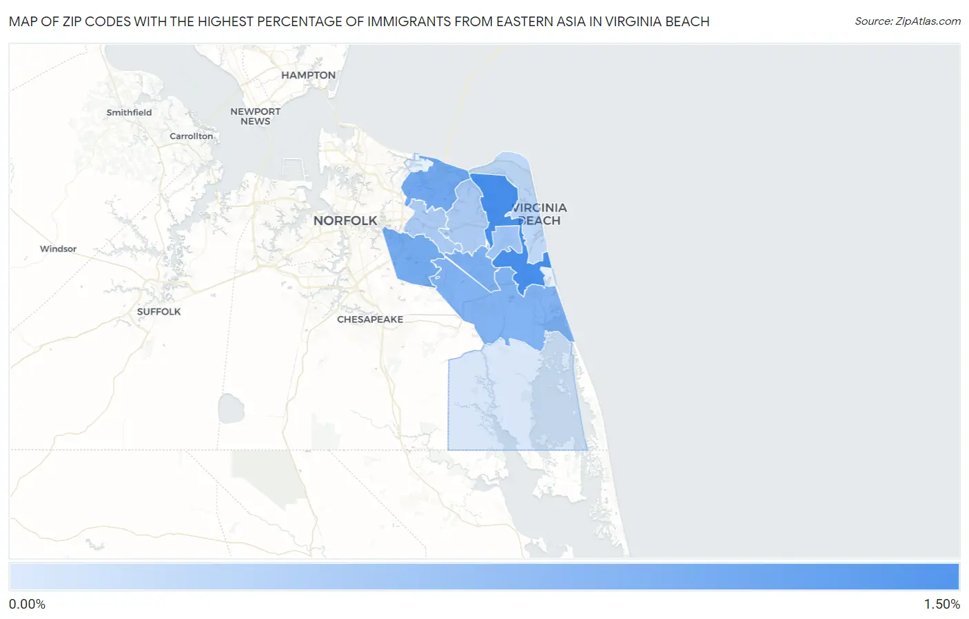 Zip Codes with the Highest Percentage of Immigrants from Eastern Asia in Virginia Beach Map