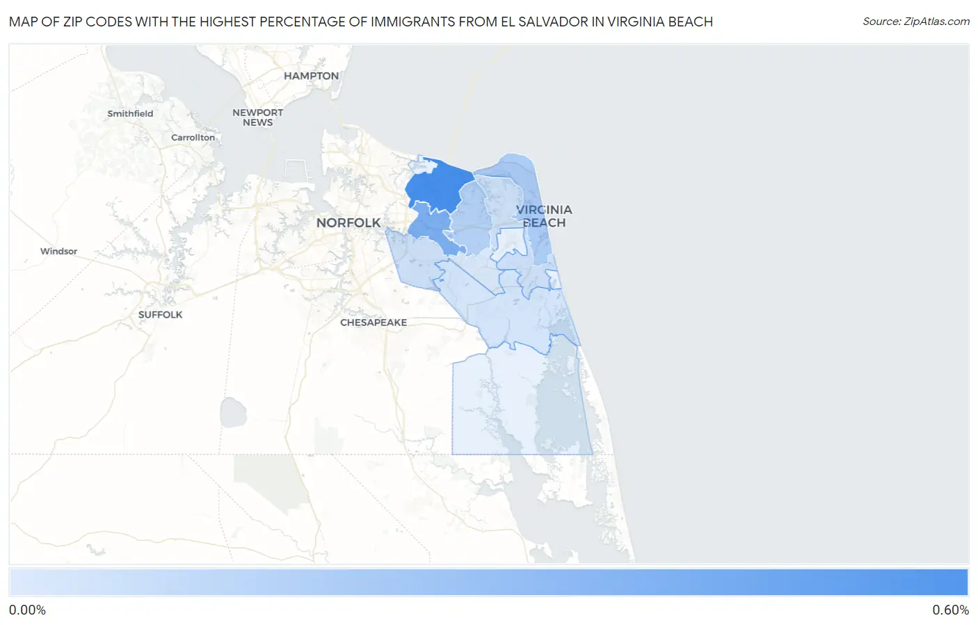 Zip Codes with the Highest Percentage of Immigrants from El Salvador in Virginia Beach Map