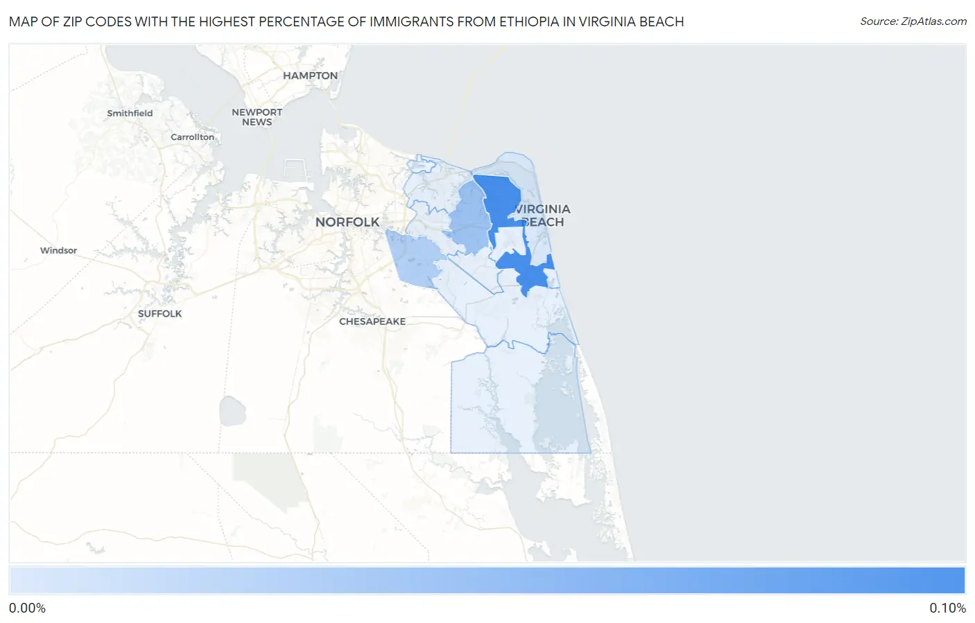 Zip Codes with the Highest Percentage of Immigrants from Ethiopia in Virginia Beach Map