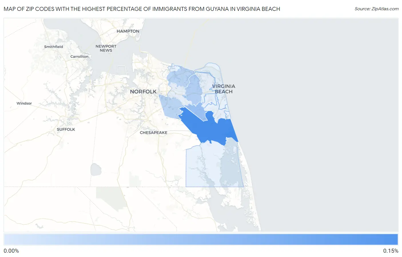 Zip Codes with the Highest Percentage of Immigrants from Guyana in Virginia Beach Map