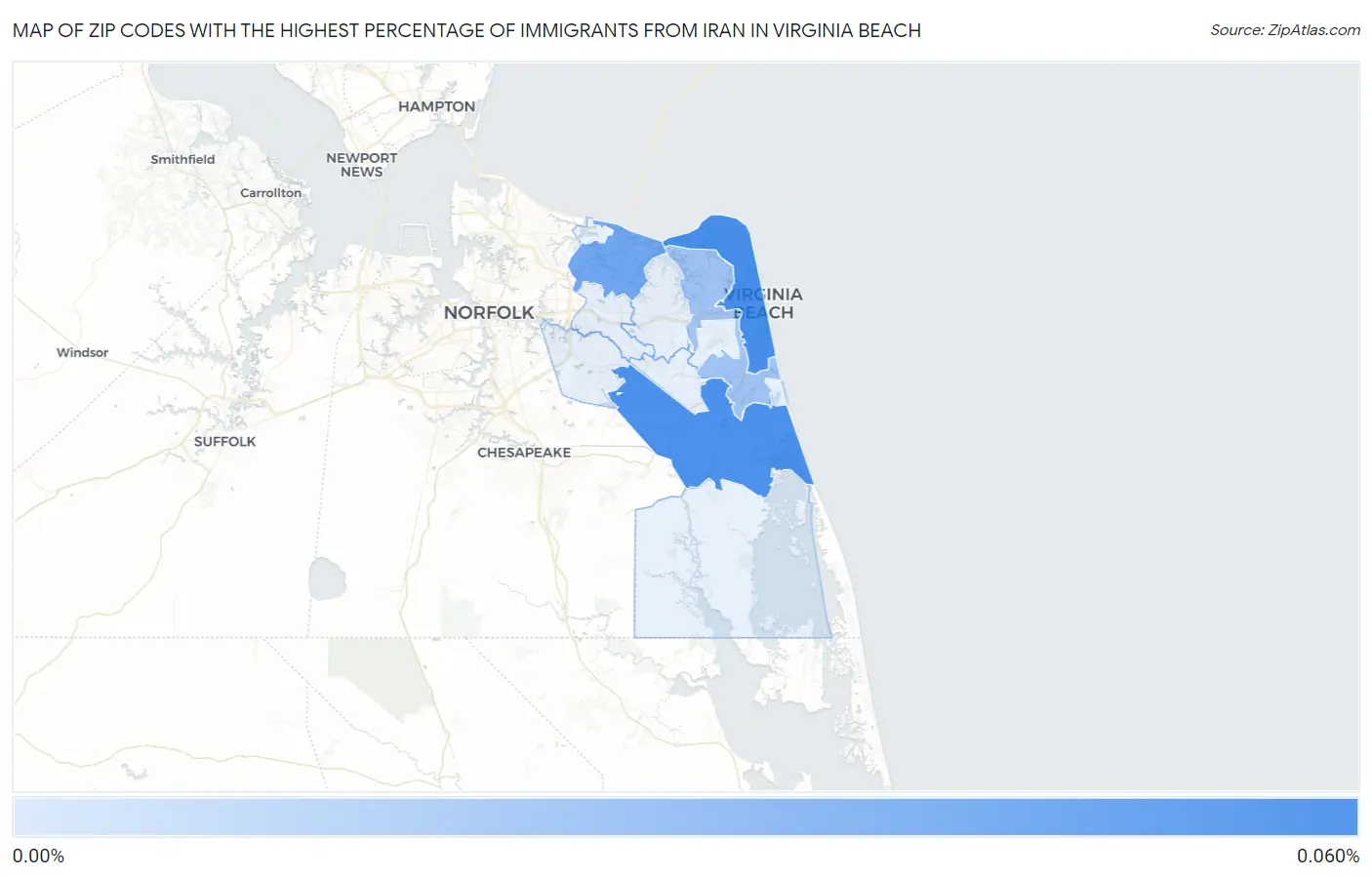 Zip Codes with the Highest Percentage of Immigrants from Iran in Virginia Beach Map