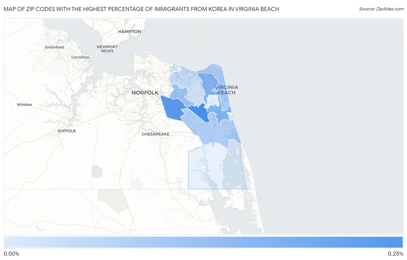 Zip Codes with the Highest Percentage of Immigrants from Korea in Virginia Beach Map