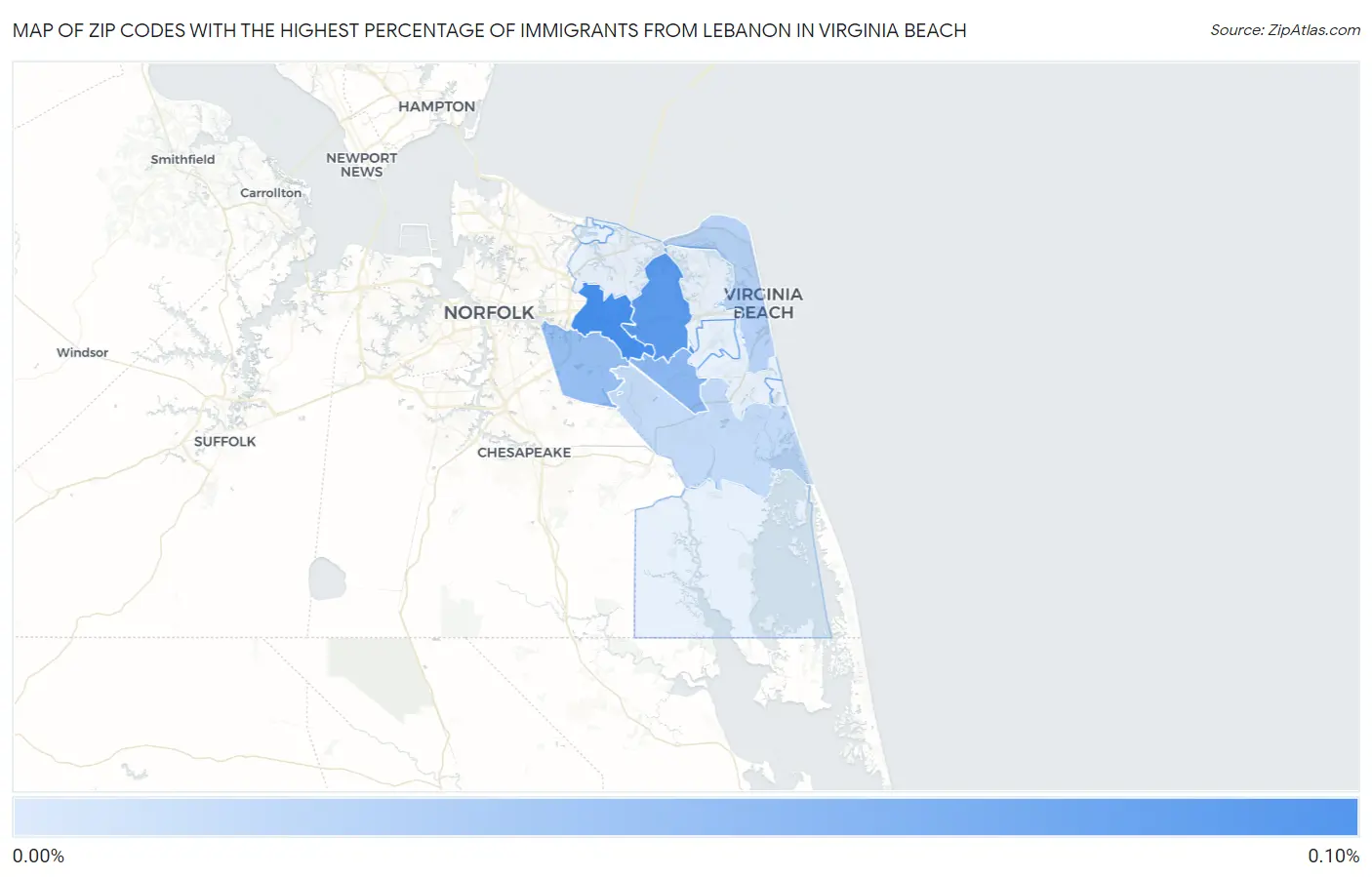 Zip Codes with the Highest Percentage of Immigrants from Lebanon in Virginia Beach Map
