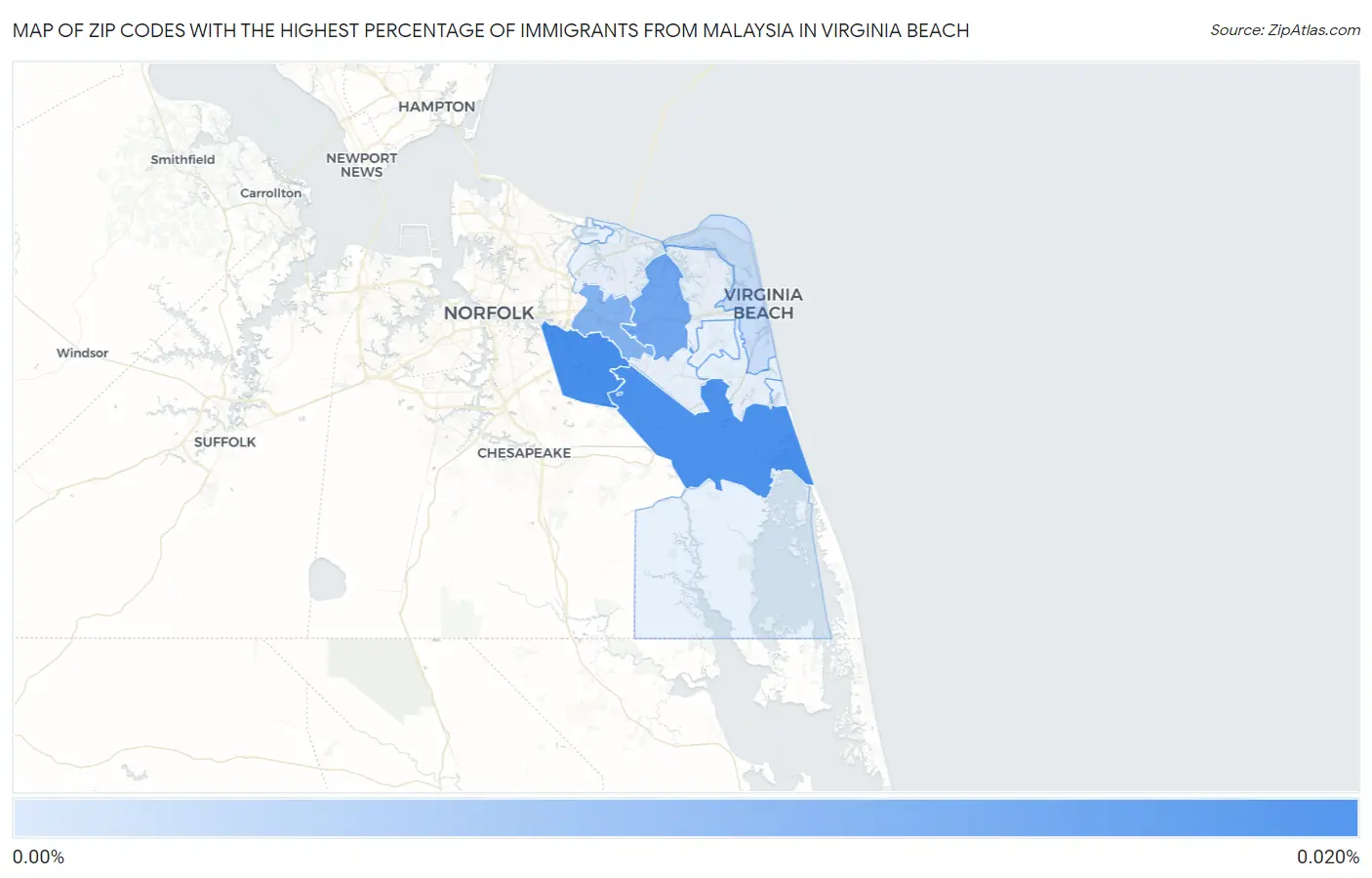 Zip Codes with the Highest Percentage of Immigrants from Malaysia in Virginia Beach Map