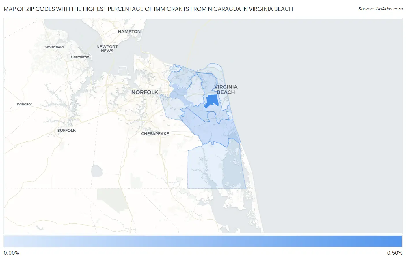 Zip Codes with the Highest Percentage of Immigrants from Nicaragua in Virginia Beach Map