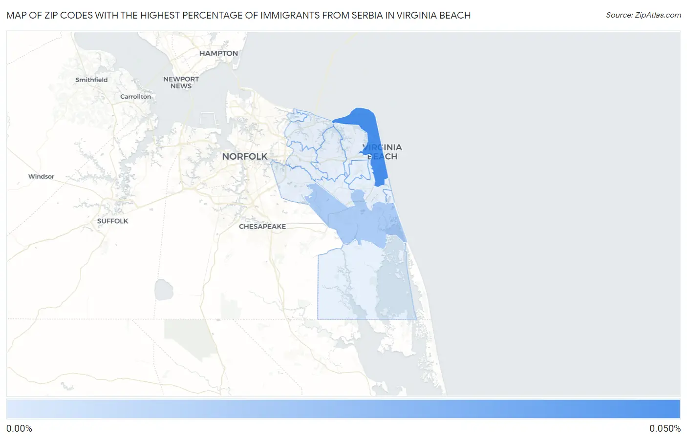 Zip Codes with the Highest Percentage of Immigrants from Serbia in Virginia Beach Map