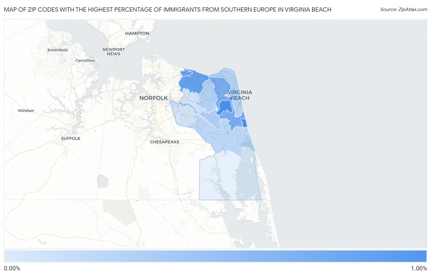 Zip Codes with the Highest Percentage of Immigrants from Southern Europe in Virginia Beach Map