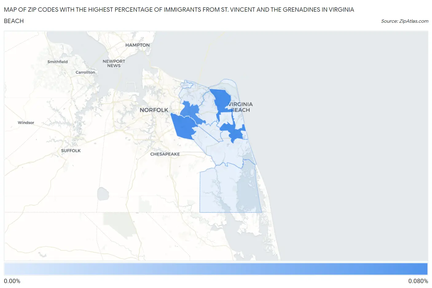 Zip Codes with the Highest Percentage of Immigrants from St. Vincent and the Grenadines in Virginia Beach Map