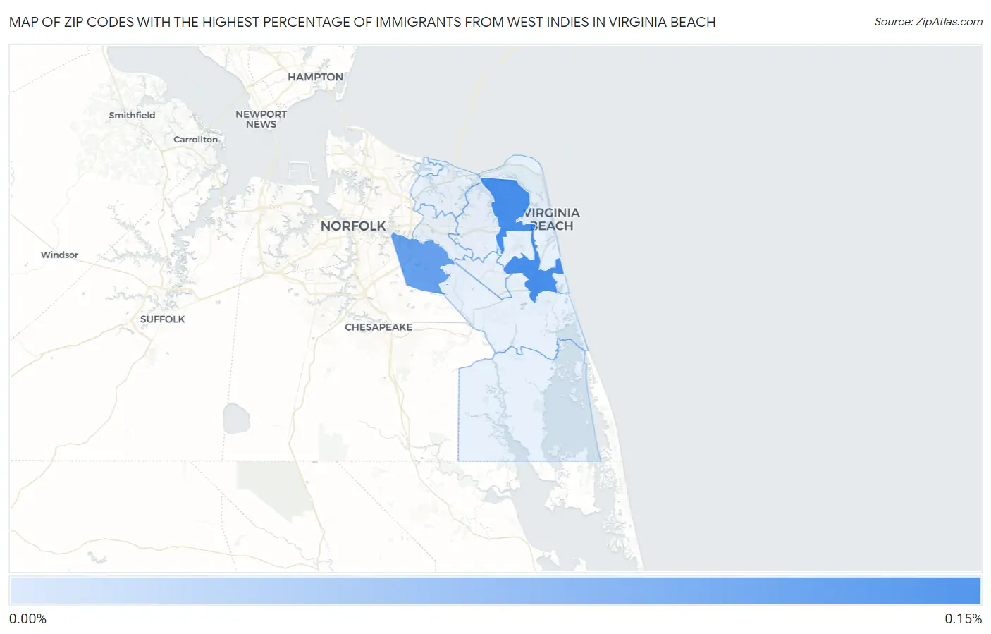 Zip Codes with the Highest Percentage of Immigrants from West Indies in Virginia Beach Map
