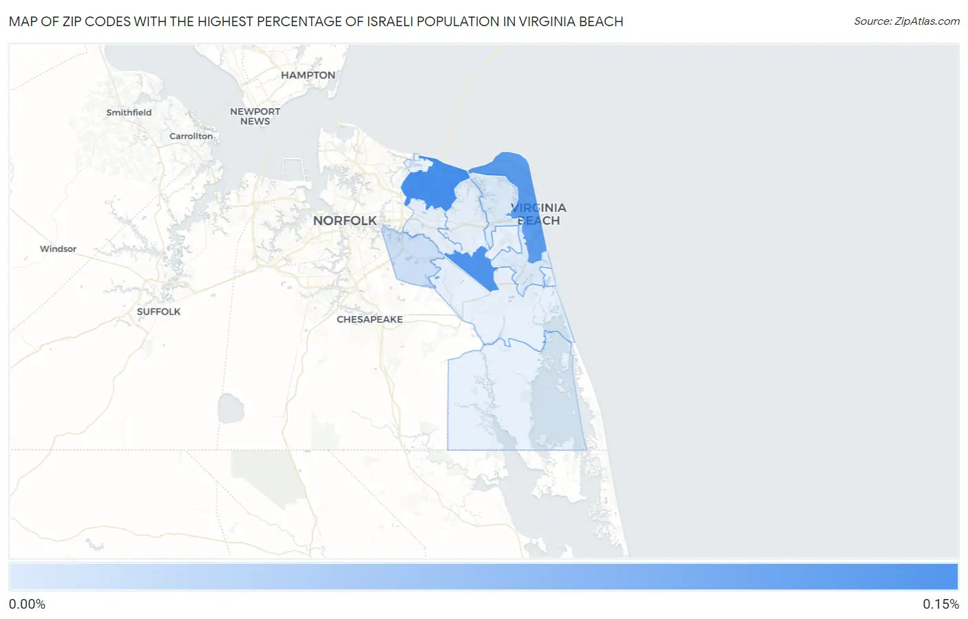 Zip Codes with the Highest Percentage of Israeli Population in Virginia Beach Map