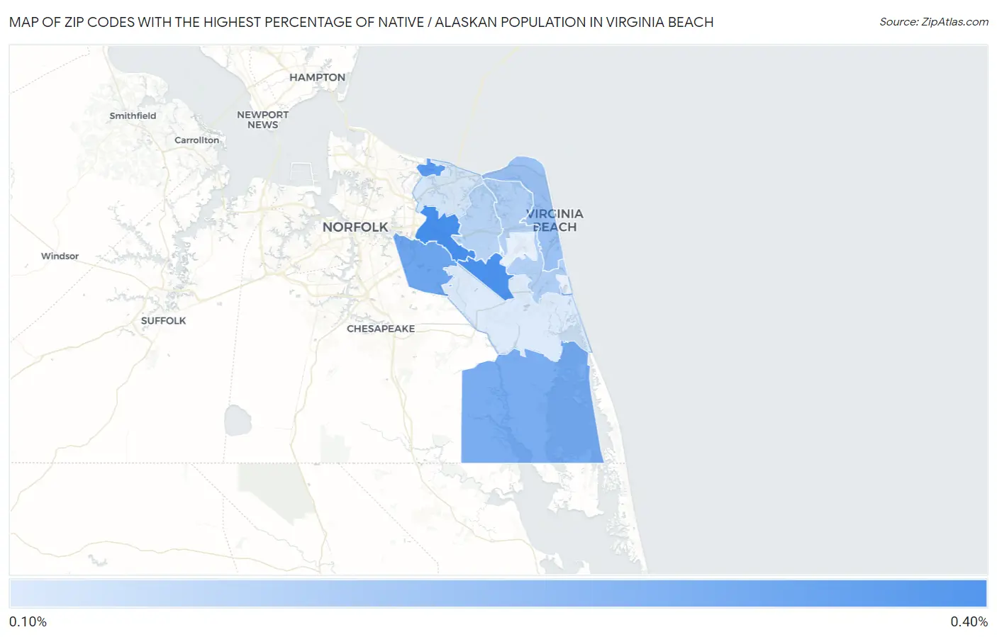 Zip Codes with the Highest Percentage of Native / Alaskan Population in Virginia Beach Map