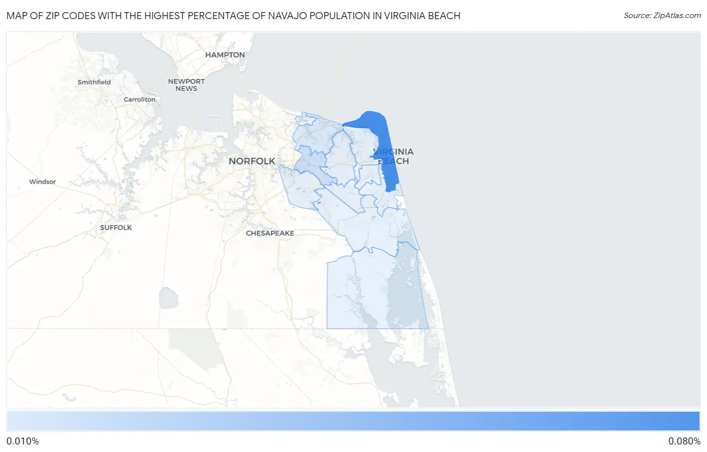 Zip Codes with the Highest Percentage of Navajo Population in Virginia Beach Map