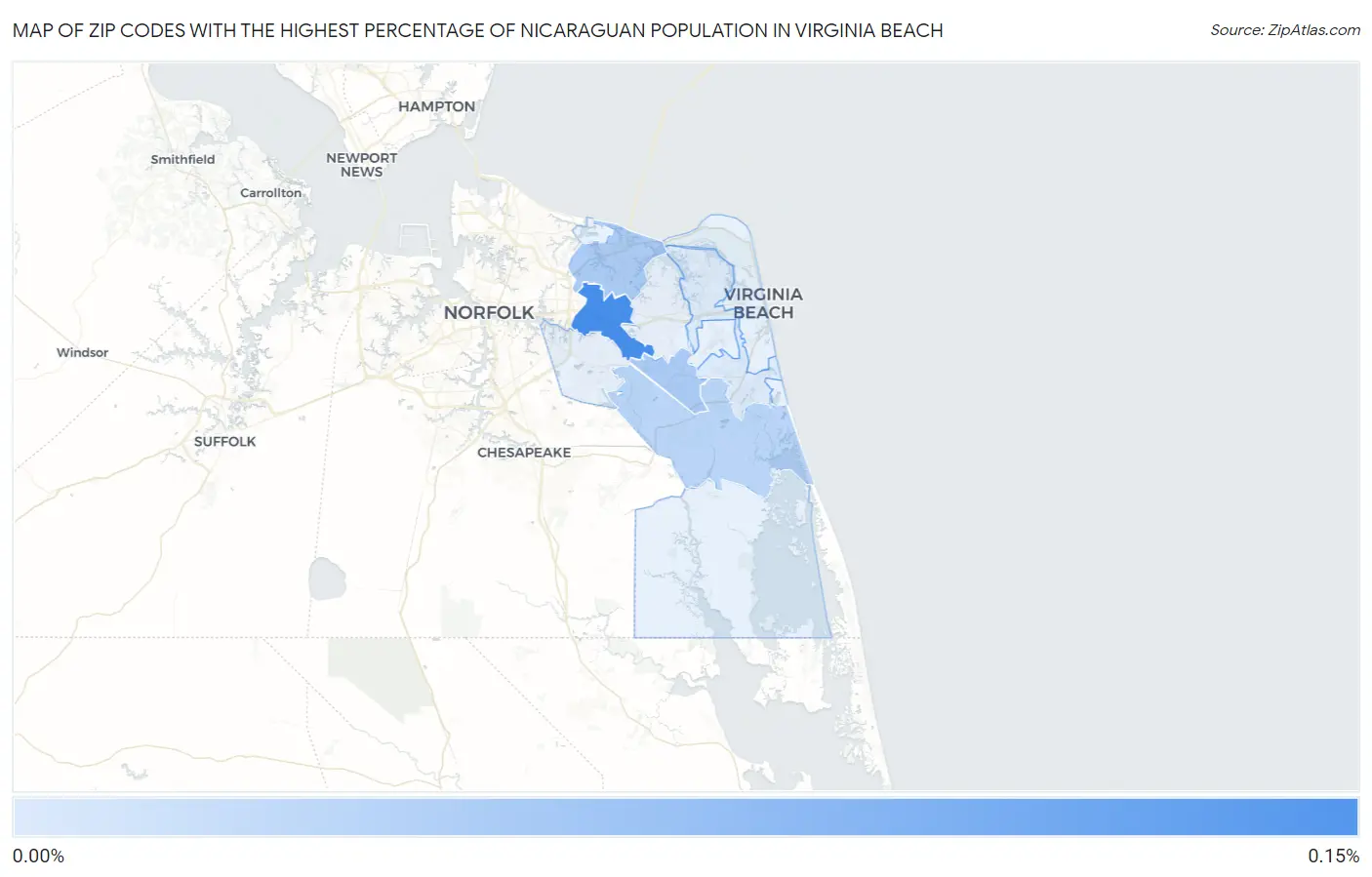 Zip Codes with the Highest Percentage of Nicaraguan Population in Virginia Beach Map
