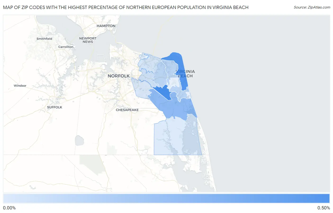 Zip Codes with the Highest Percentage of Northern European Population in Virginia Beach Map