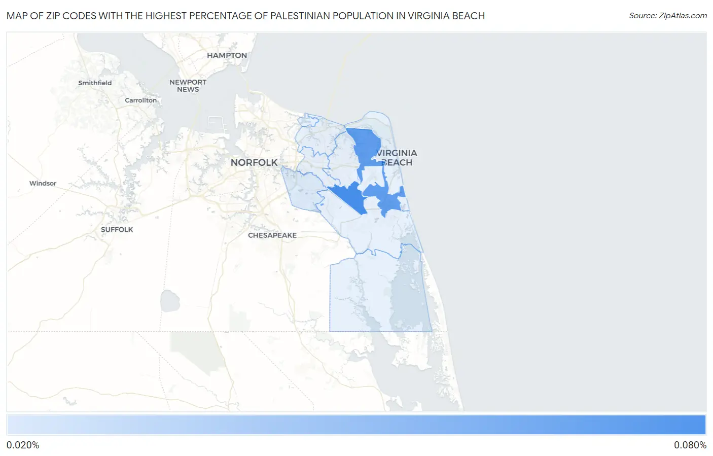 Zip Codes with the Highest Percentage of Palestinian Population in Virginia Beach Map