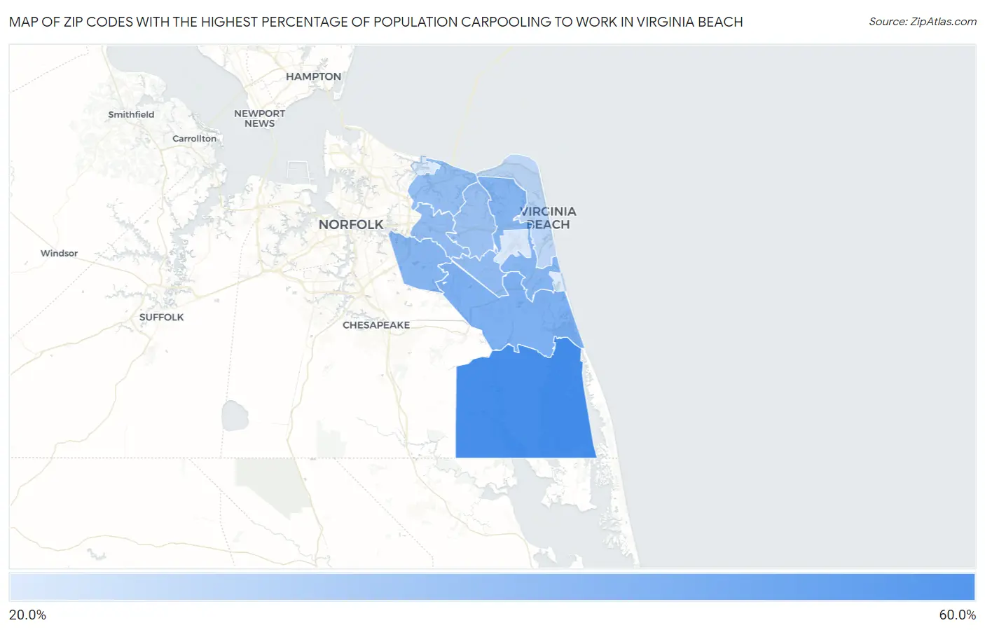 Zip Codes with the Highest Percentage of Population Carpooling to Work in Virginia Beach Map