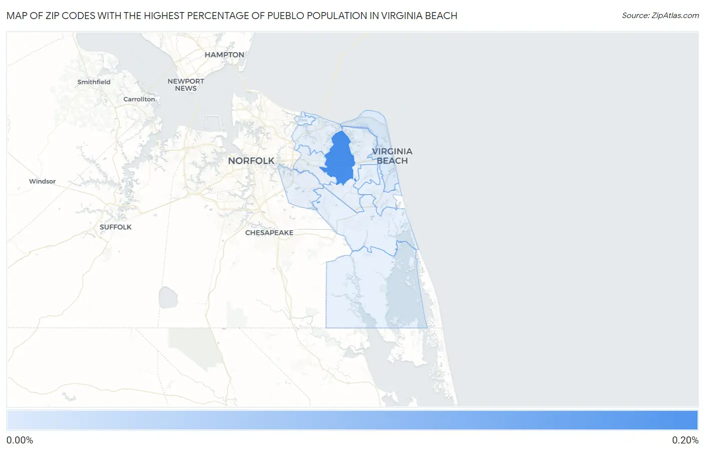 Zip Codes with the Highest Percentage of Pueblo Population in Virginia Beach Map
