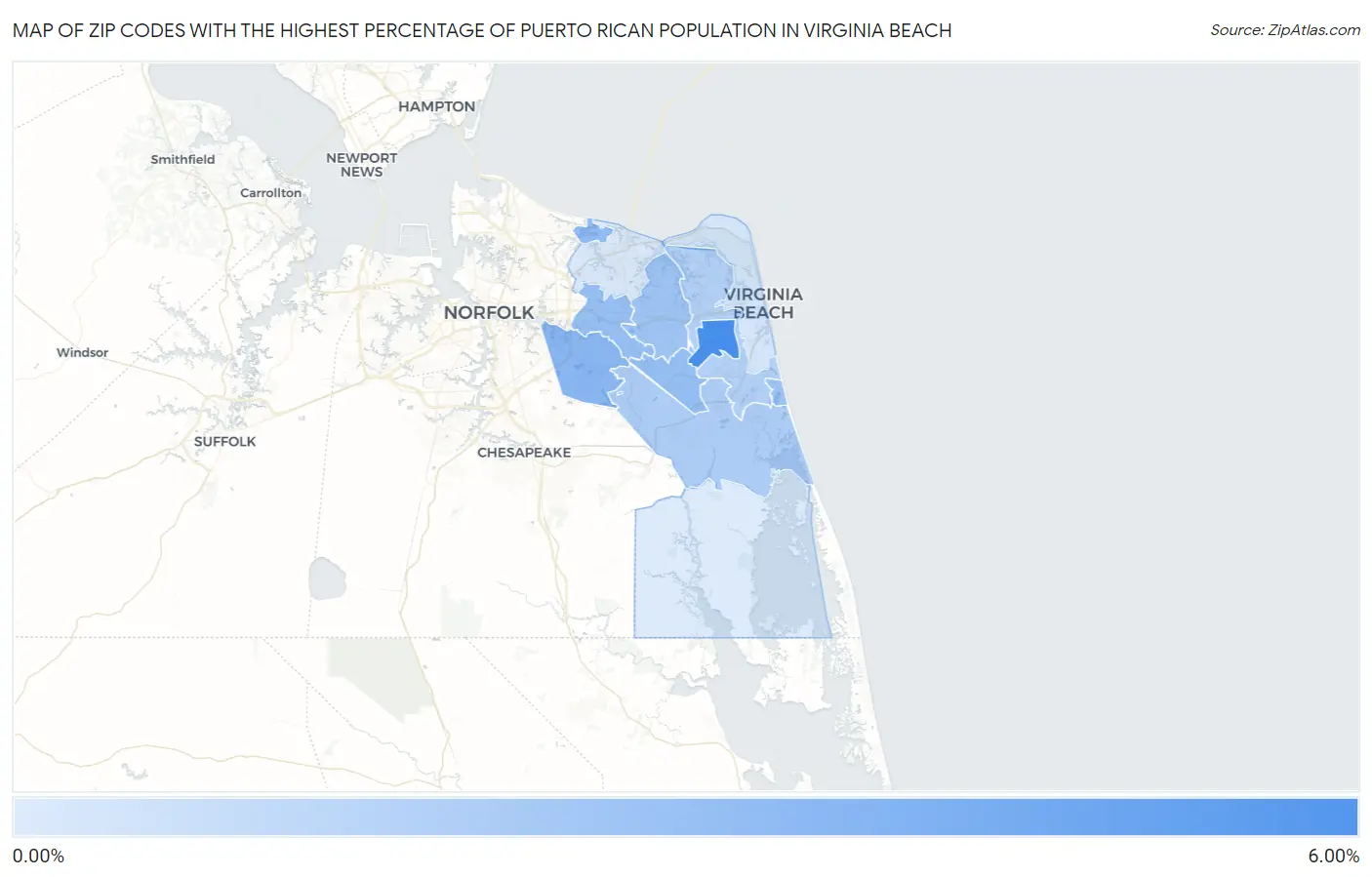 Zip Codes with the Highest Percentage of Puerto Rican Population in Virginia Beach Map