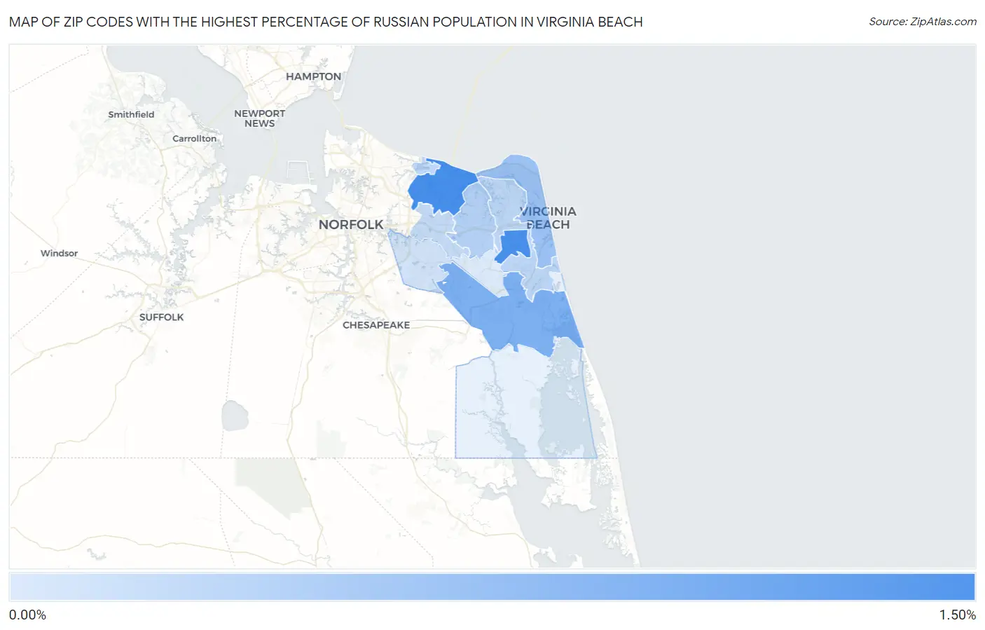 Zip Codes with the Highest Percentage of Russian Population in Virginia Beach Map