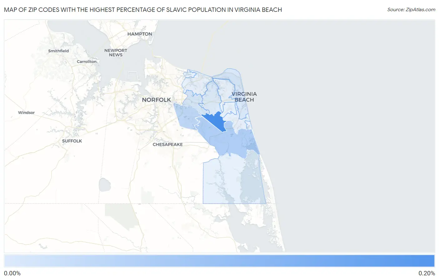 Zip Codes with the Highest Percentage of Slavic Population in Virginia Beach Map