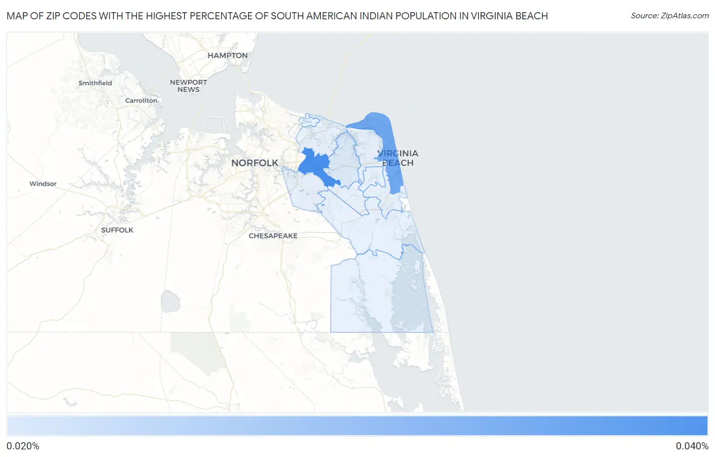 Zip Codes with the Highest Percentage of South American Indian Population in Virginia Beach Map