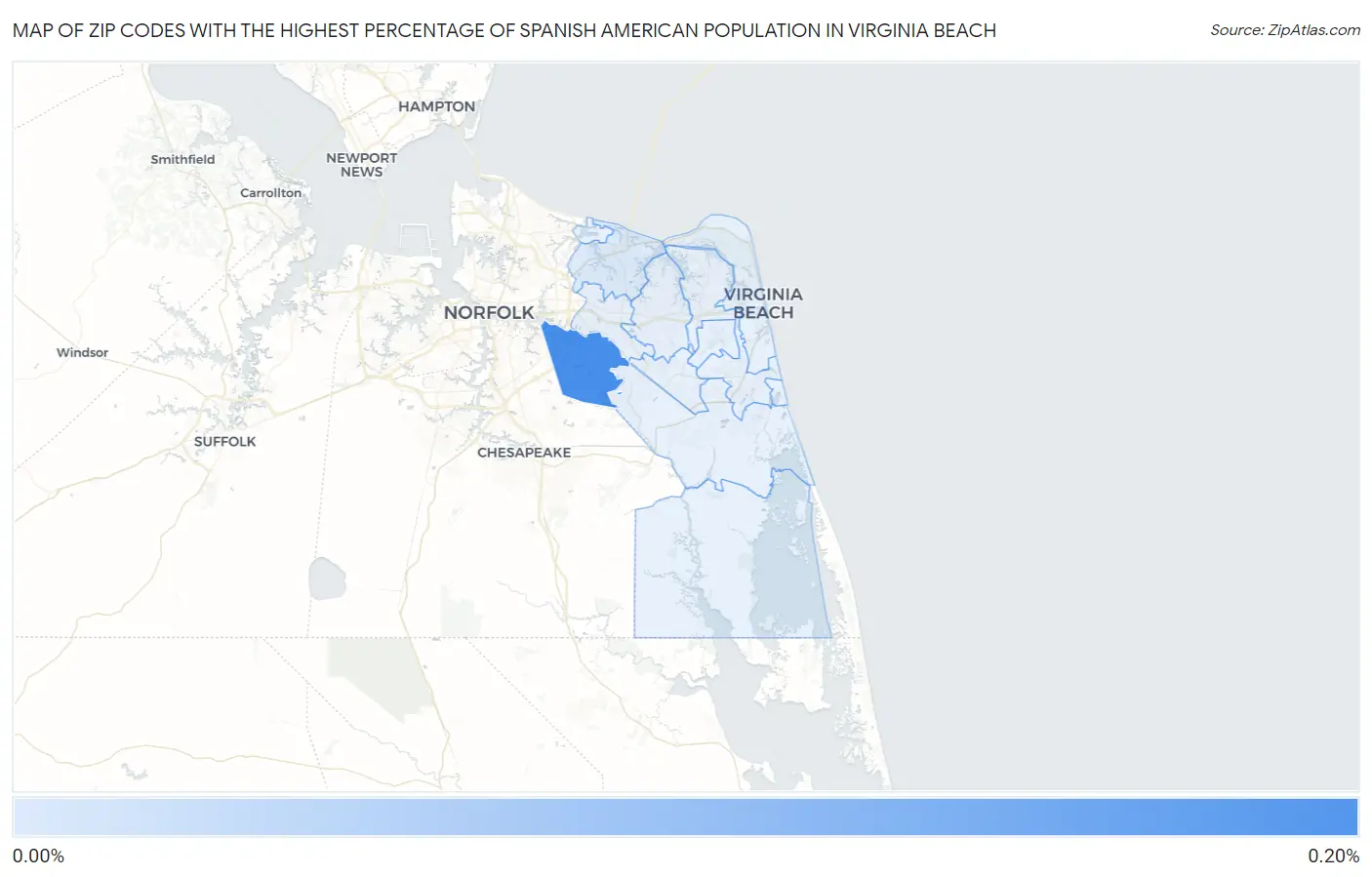Zip Codes with the Highest Percentage of Spanish American Population in Virginia Beach Map