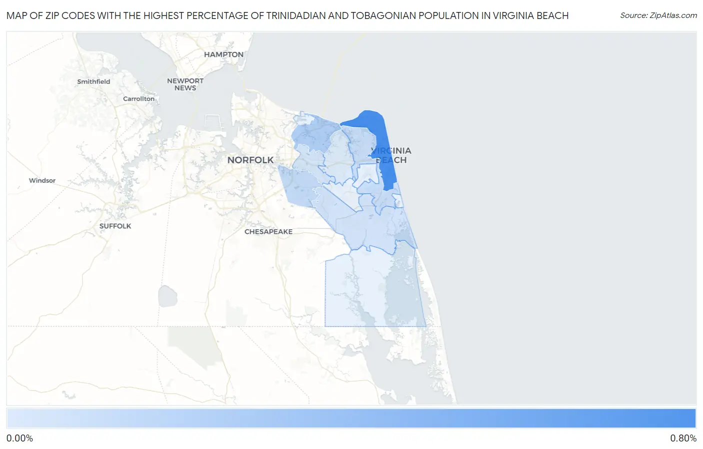Zip Codes with the Highest Percentage of Trinidadian and Tobagonian Population in Virginia Beach Map
