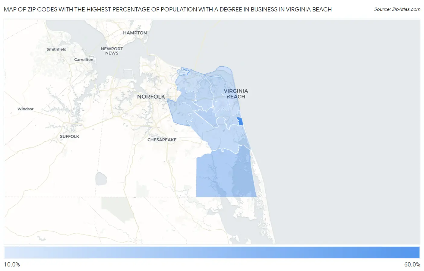 Zip Codes with the Highest Percentage of Population with a Degree in Business in Virginia Beach Map