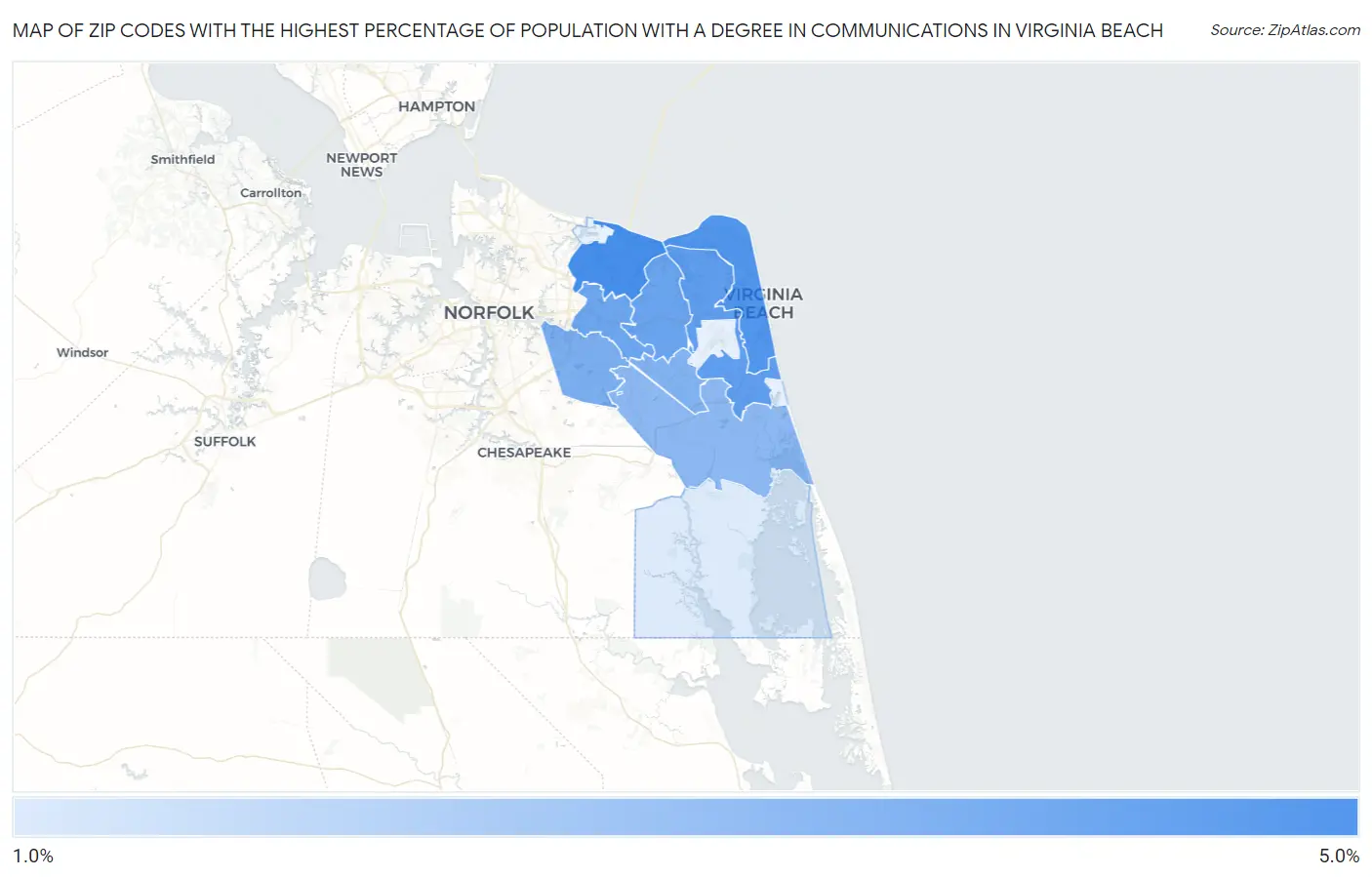 Zip Codes with the Highest Percentage of Population with a Degree in Communications in Virginia Beach Map