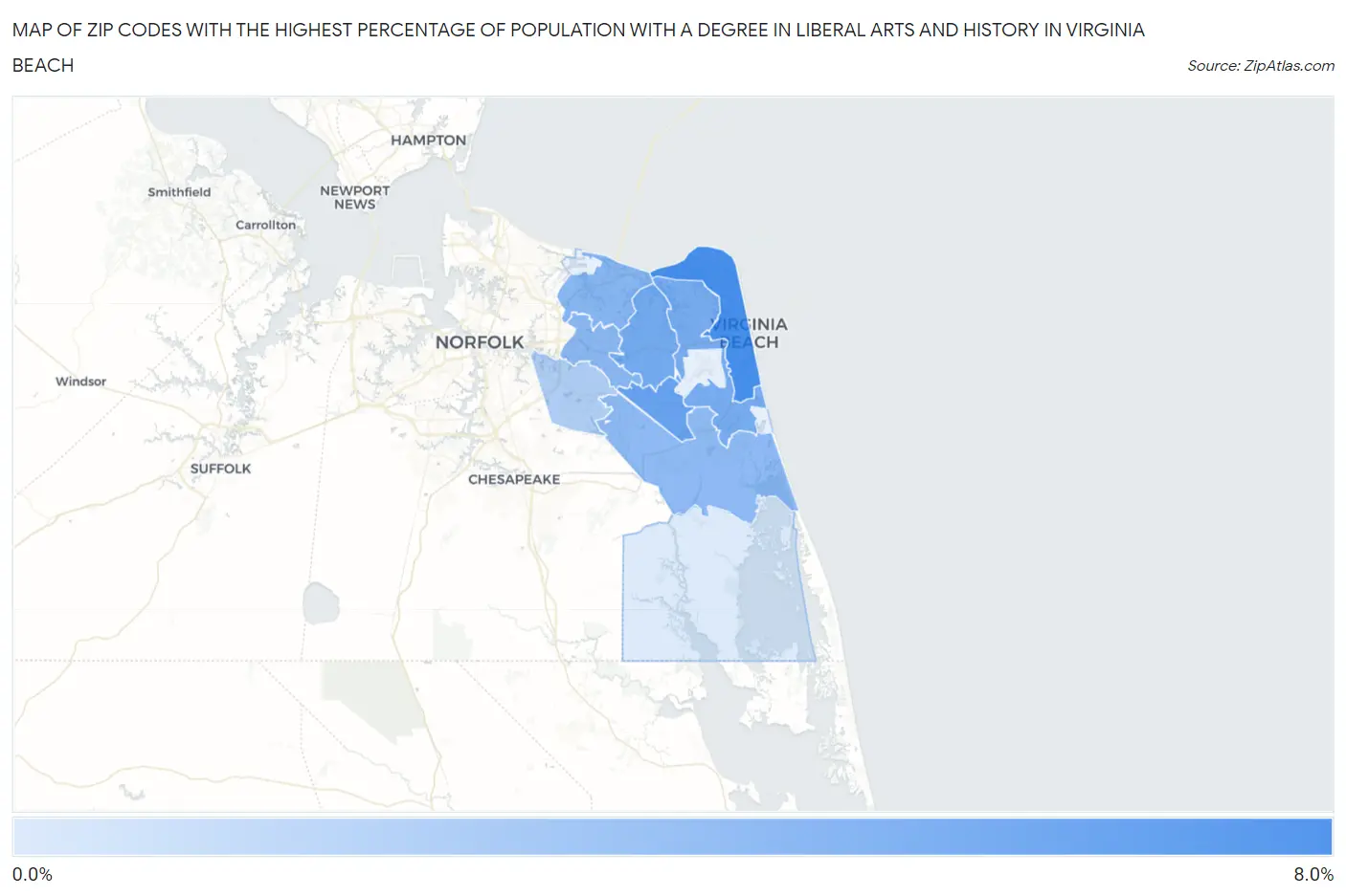 Zip Codes with the Highest Percentage of Population with a Degree in Liberal Arts and History in Virginia Beach Map