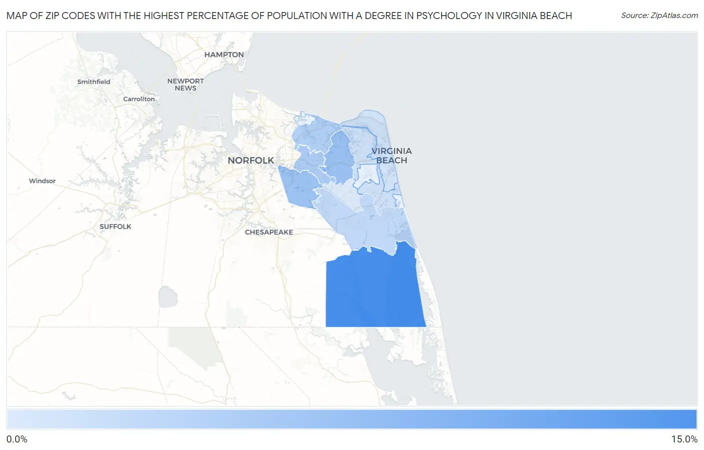 Zip Codes with the Highest Percentage of Population with a Degree in Psychology in Virginia Beach Map
