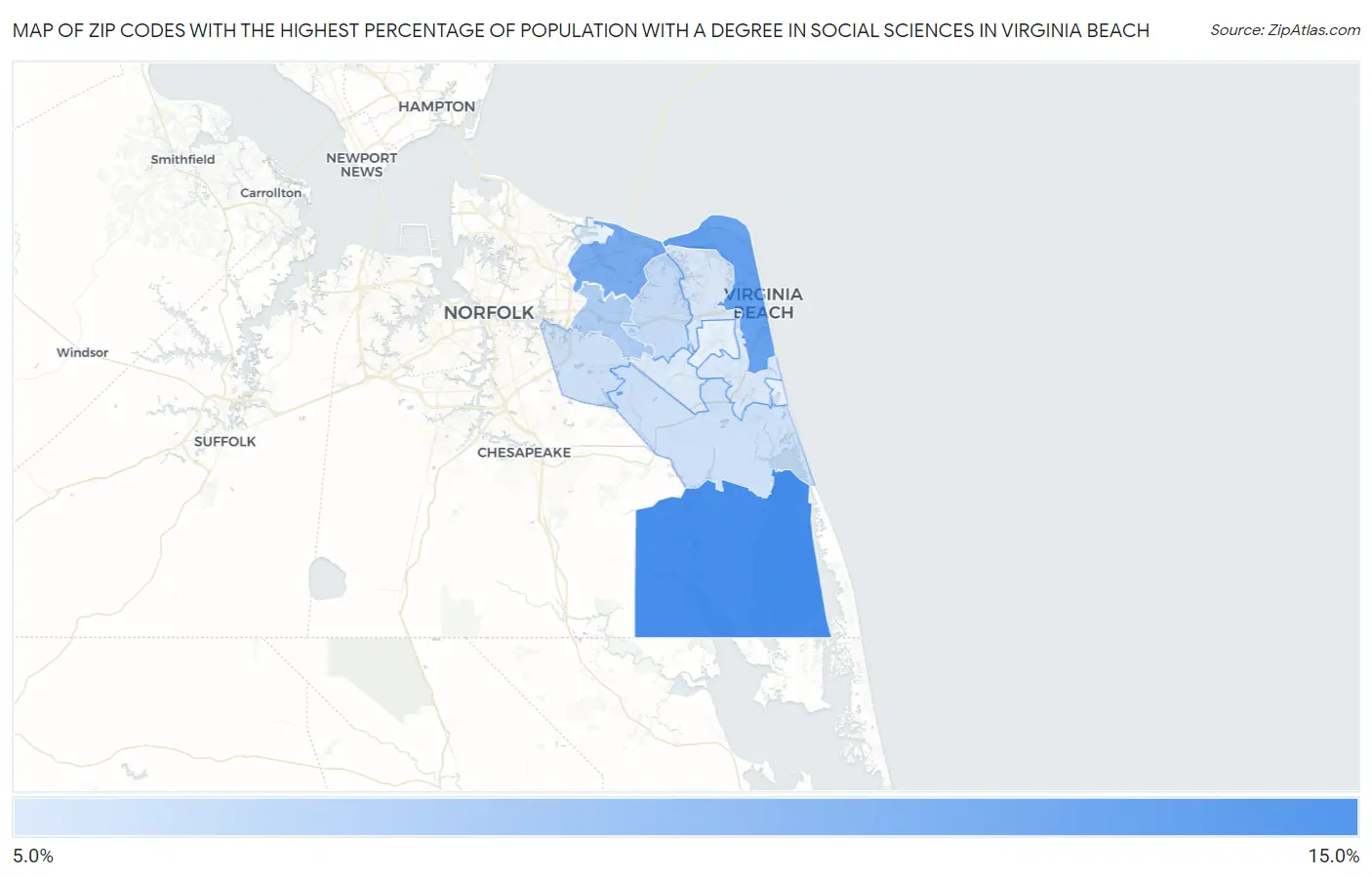 Zip Codes with the Highest Percentage of Population with a Degree in Social Sciences in Virginia Beach Map