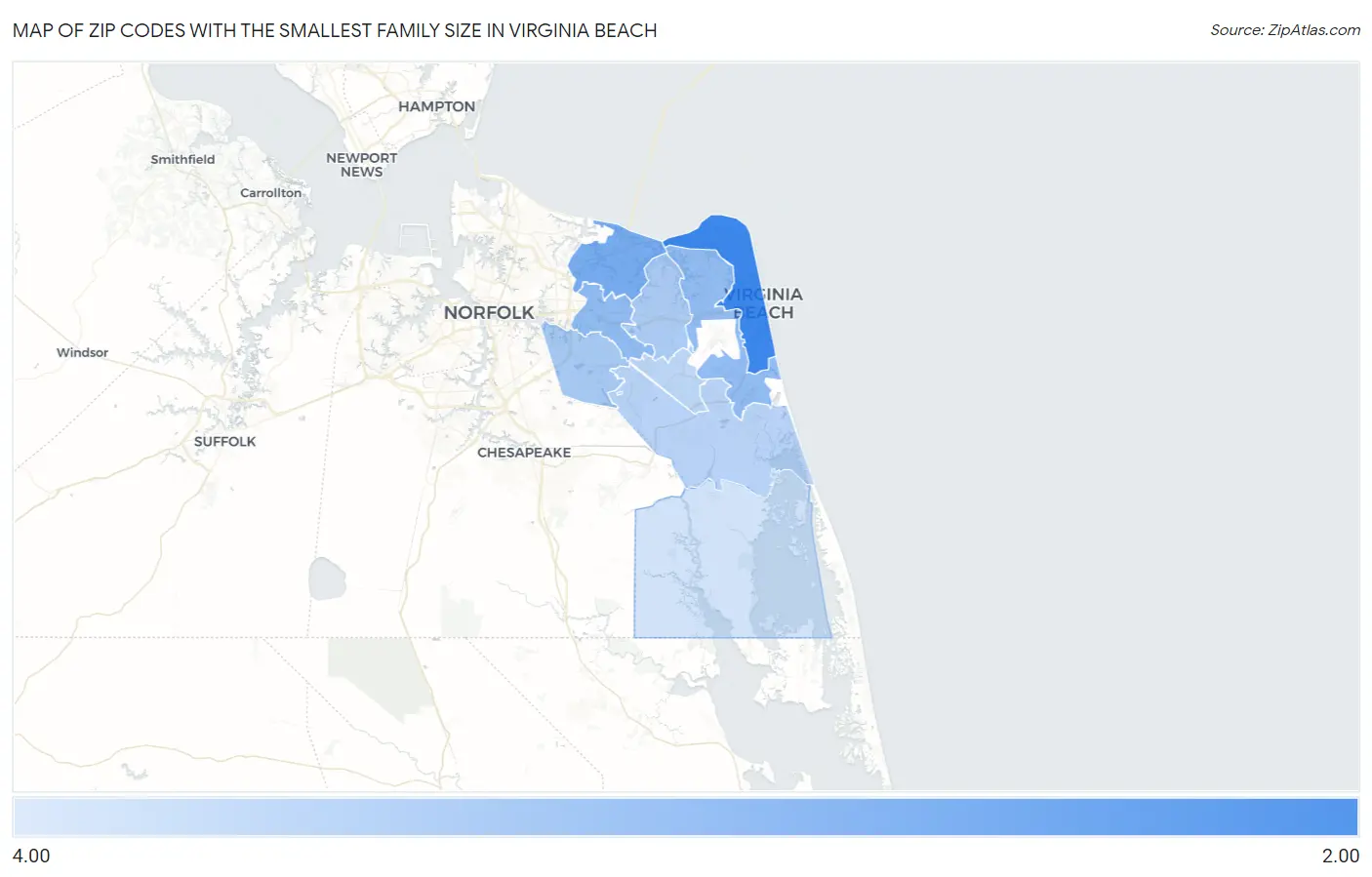 Zip Codes with the Smallest Family Size in Virginia Beach Map