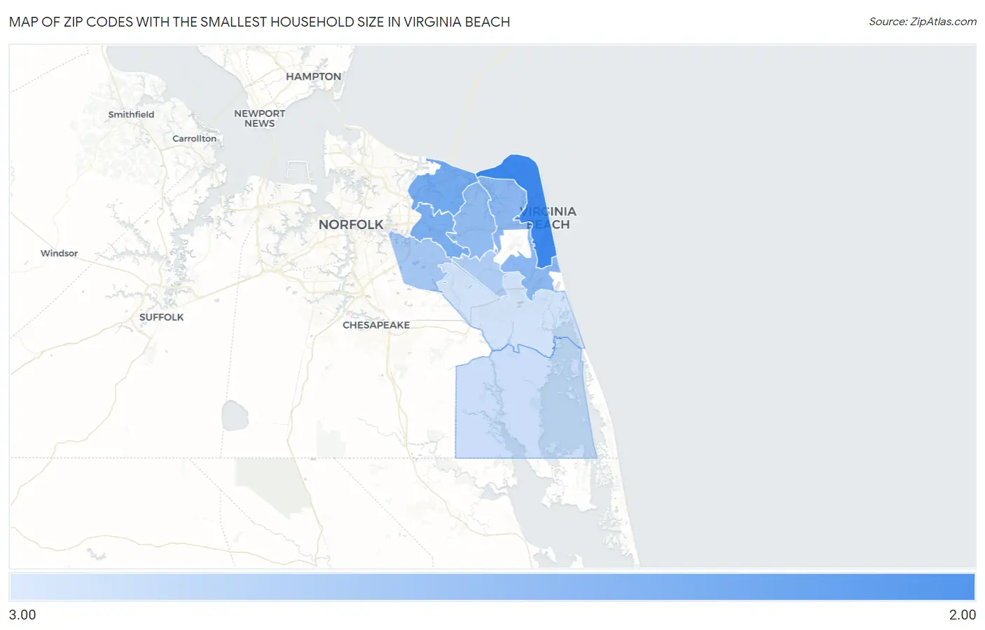 Zip Codes with the Smallest Household Size in Virginia Beach Map