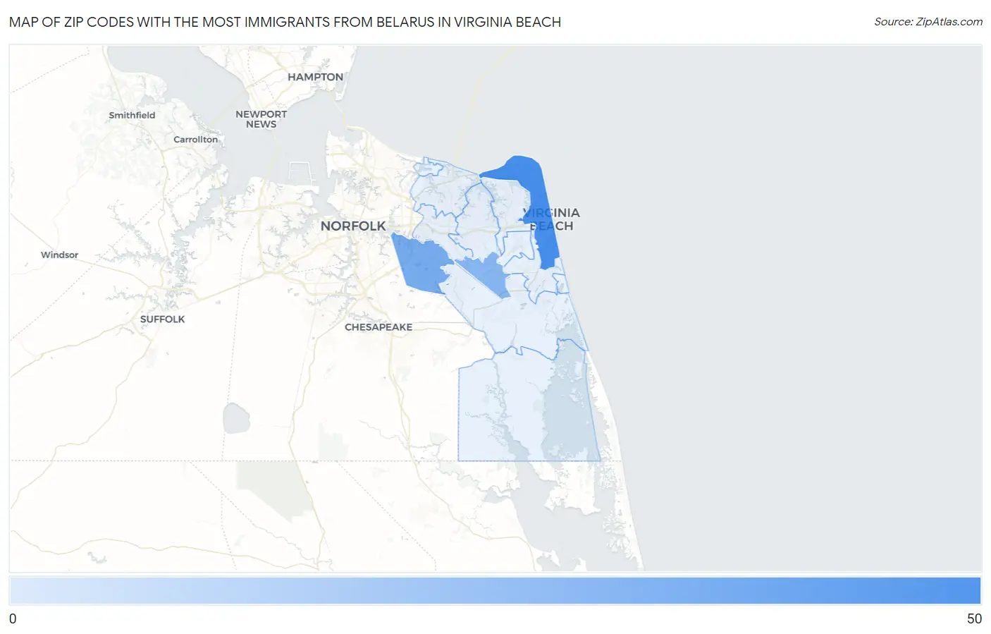 Zip Codes with the Most Immigrants from Belarus in Virginia Beach Map