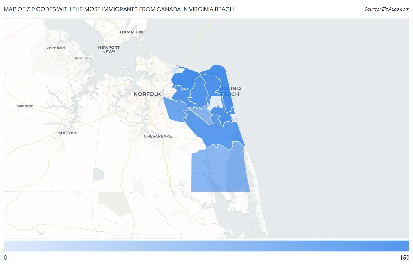 Zip Codes with the Most Immigrants from Canada in Virginia Beach Map