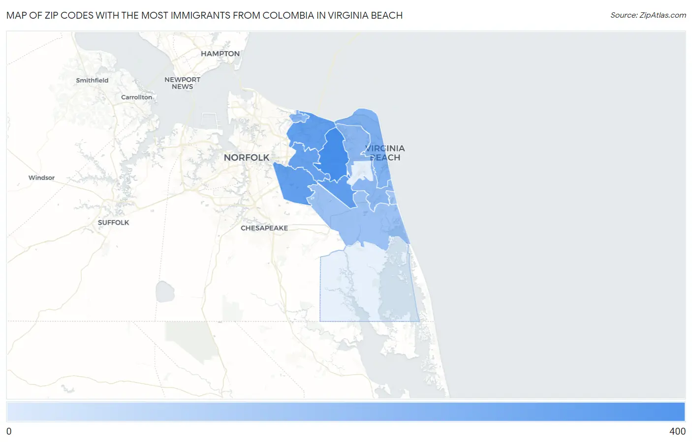 Zip Codes with the Most Immigrants from Colombia in Virginia Beach Map