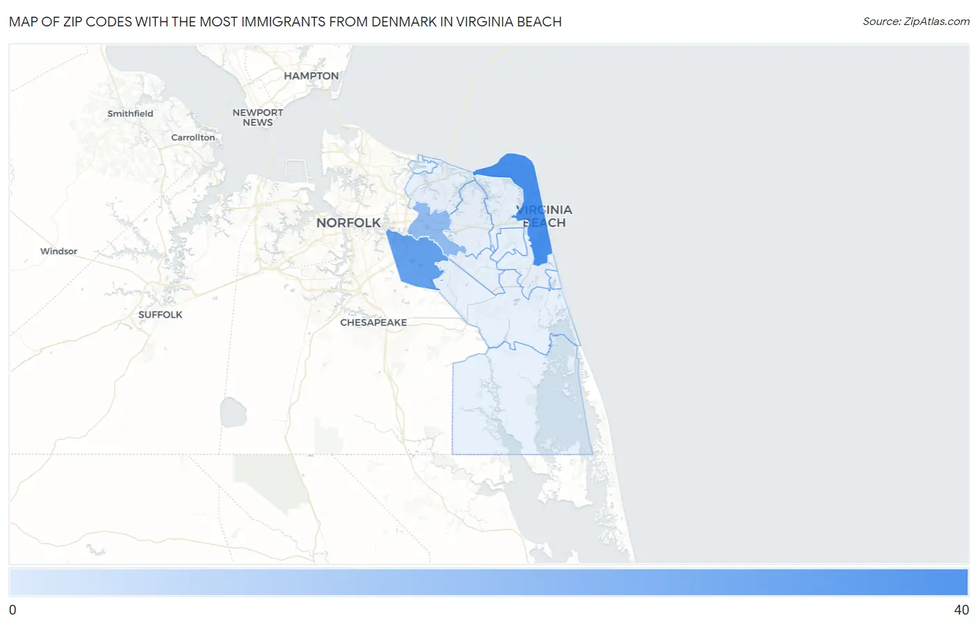 Zip Codes with the Most Immigrants from Denmark in Virginia Beach Map